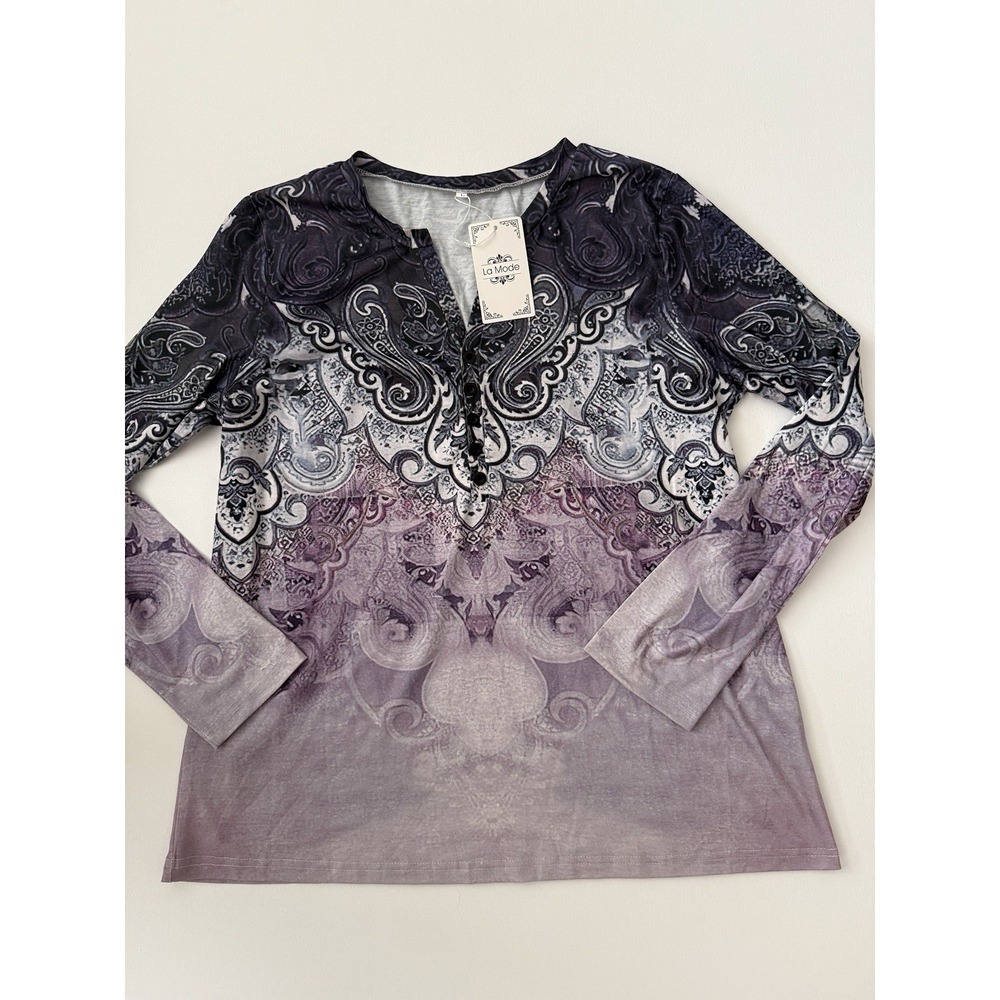 La Mode Long Sleeve Top Purple Gray Baroque Print V-Neck Button Front L NWT‎